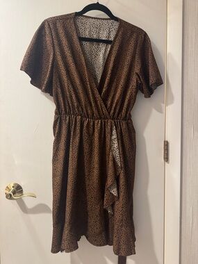 SHEIN Brown Spotted Wrap Midi Dress